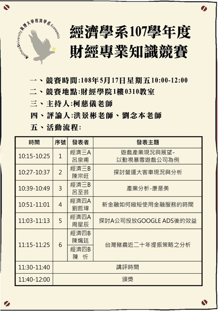 經濟學系107學年度財金專業知識競賽／經濟學系／2019.5.17圖片