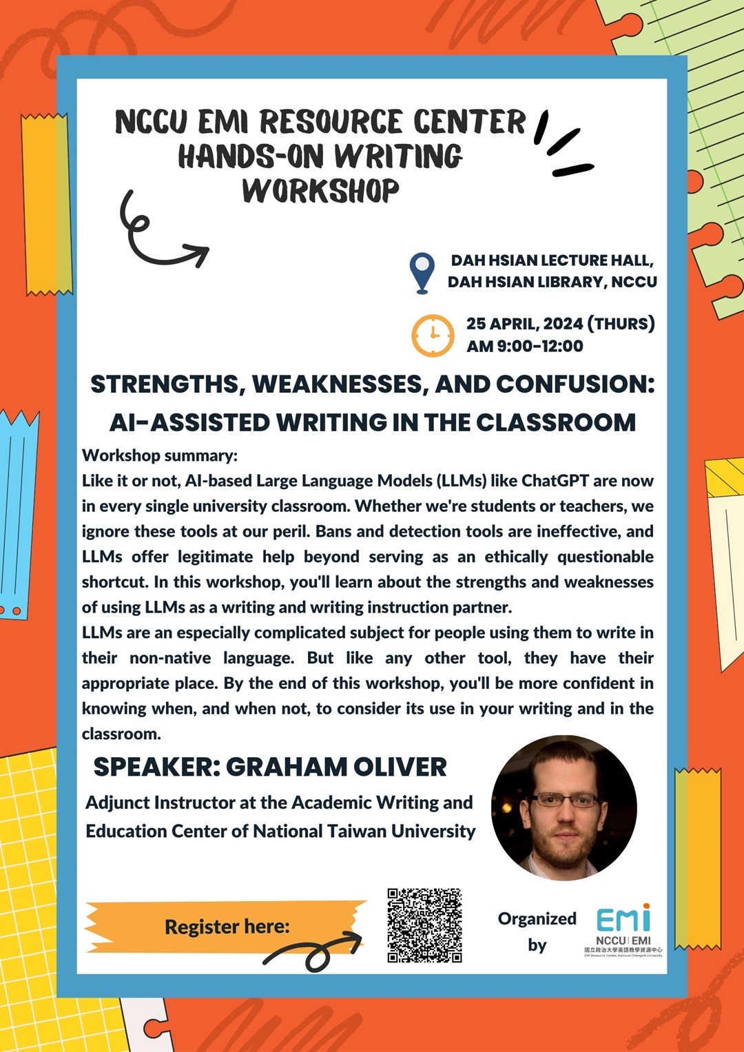 國立政治大學英語教學資源中心辦理「Strengths, Weaknesses, and Confusion： AI-Assisted Writing in the Classroom」寫作講座圖片