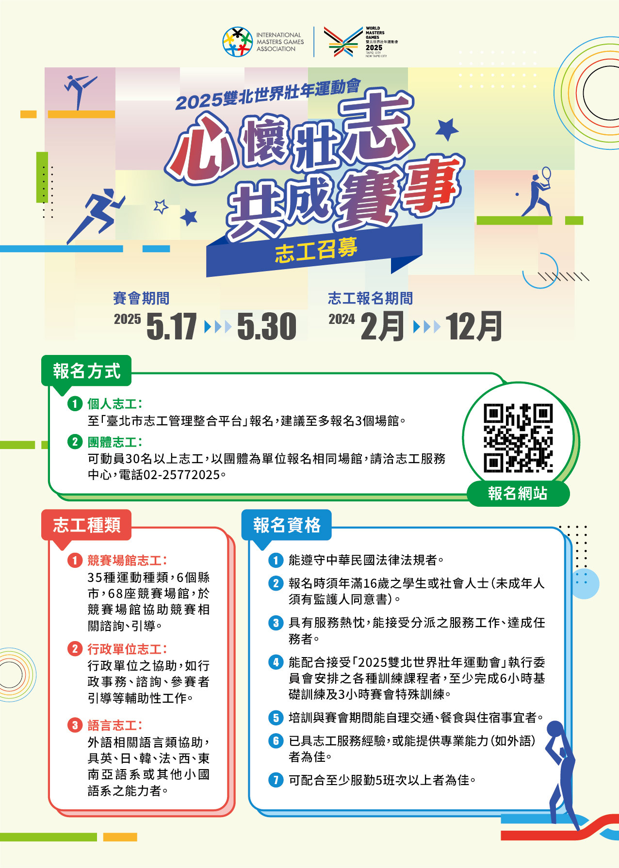 僑務委員會有關「2025雙北世界壯年運動會」志工招募事，請協助轉知僑生圖片