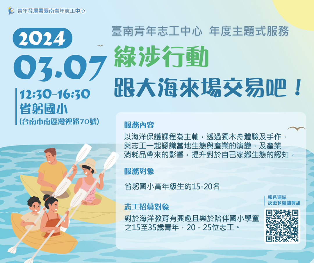 崑山科技大學請貴校協助招募志工參與由臺南青年志工中心舉辦之「綠涉行動-省躬國小跟大海來場交易吧！」志工服務圖片