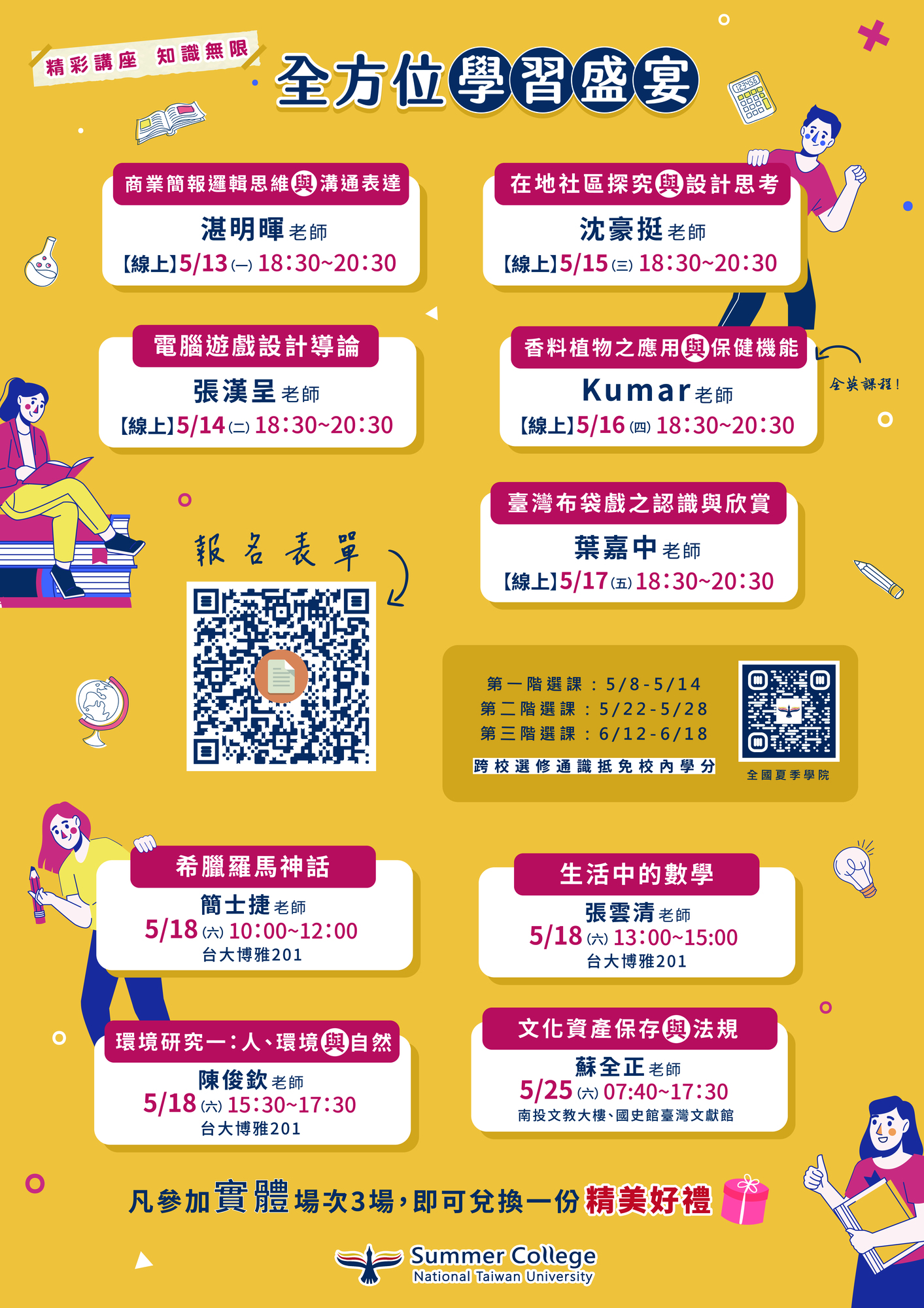 國立臺灣大學檢送「113年全國夏季學院暑期通識課程海報」、「113年全國夏季學院課程清單」及「113年全國夏季學院課程前導講座海報」電子檔圖片