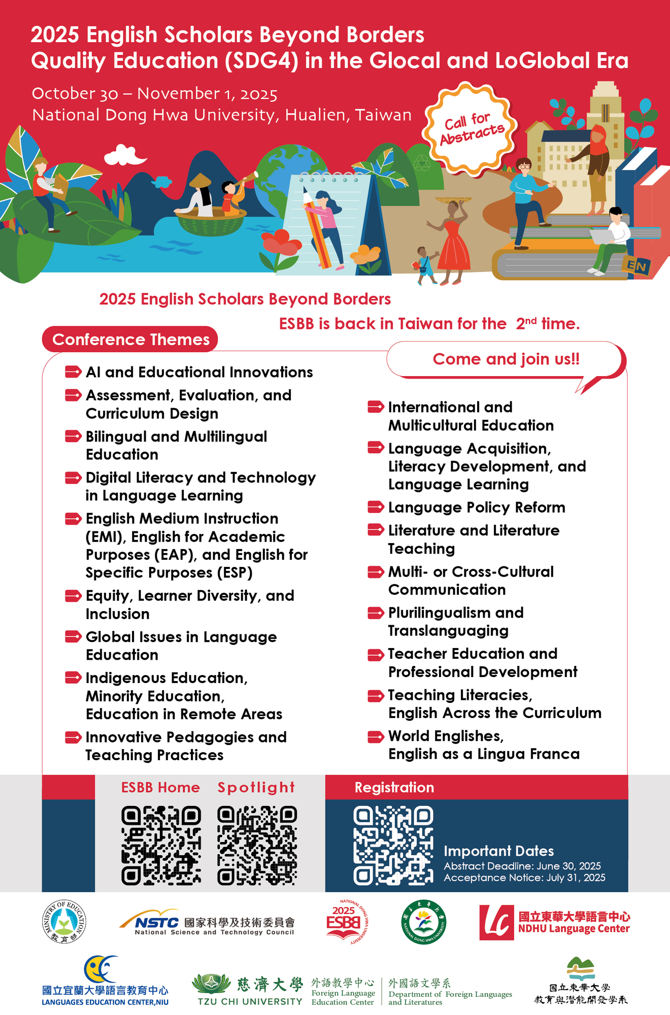 【徵稿】國立東華大學 函 - 國立東華大學辦理「2025 12th The English Scholars Beyond Borders: Quality Education (SDG4) in the Glocal and LoGlobal Era」國際研討會圖片