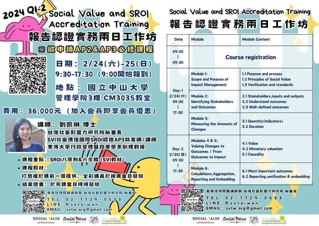 台灣社會影響力研究院與國立中山大學社會企業發展研究中心合作，於113年2月24日至2月25日舉辦「報告認證實務工作坊」圖片