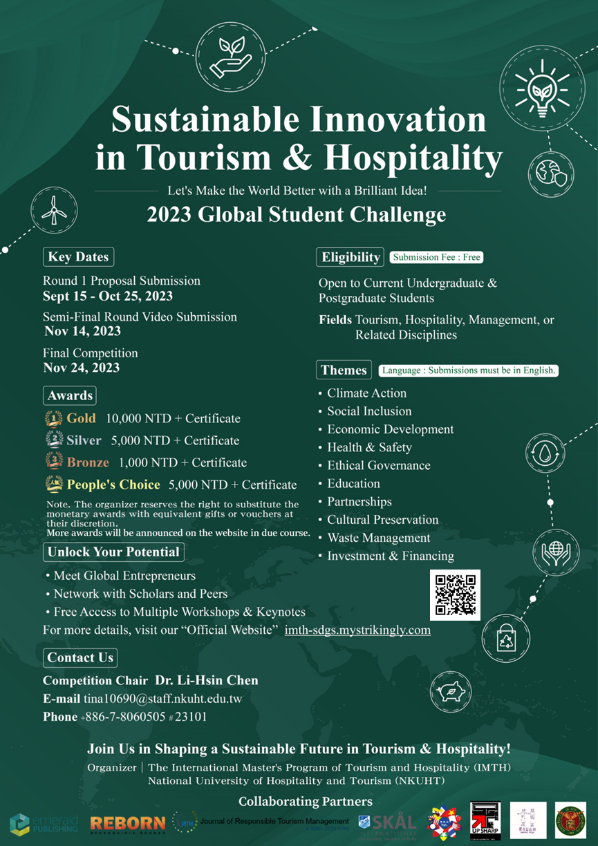 國立高雄餐旅大學國際觀光餐旅全英文碩士學位學程將辦理「餐旅的永續創新：2023全球學生挑戰賽」活動已開始受理報名圖片