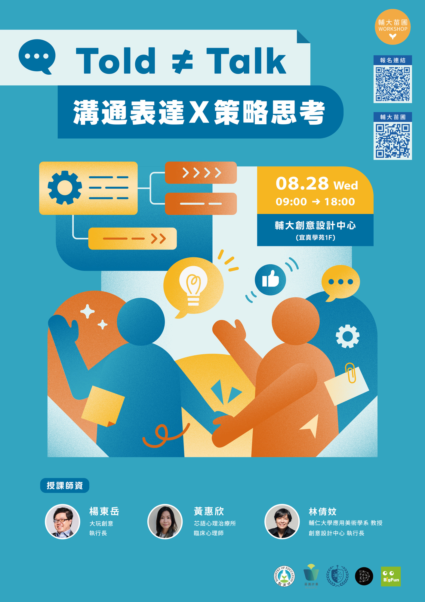 輔仁大學學校財團法人輔仁大學謹訂於113年8月28日舉辦教育部跨領域教師發展暨人才培育計畫輔大苗圃【Told≠Talk 溝通表達x策略思考】人培工作坊圖片