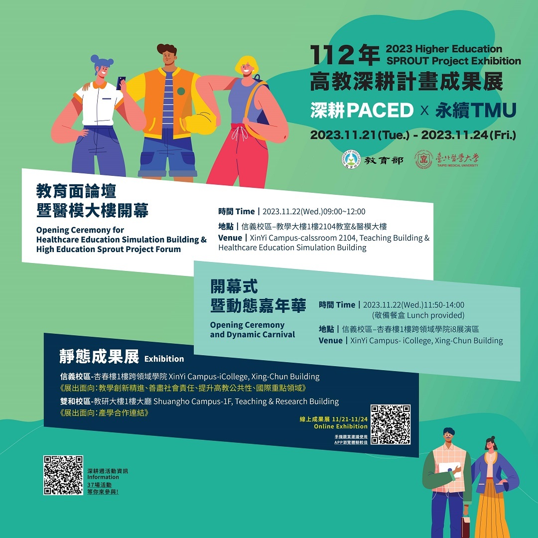 台北醫學大學謹訂於112年11月21日(二)至11月24日(五)辦理112年度高教深耕計畫成果展「深耕PACED X永續TMU」圖片