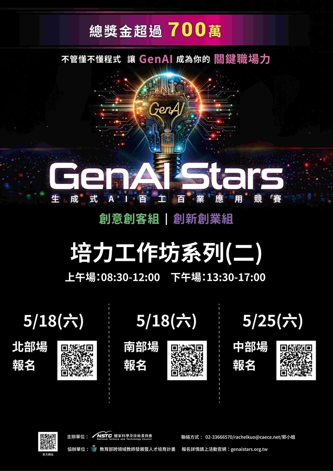 國立臺灣大學「教育部跨領域教師發展暨人才培育計畫」與「2024GenAi Stars生成式AI百工百業應用選拔」合作，將於113年5-6月於北、中、南部辦理培力工作坊圖片