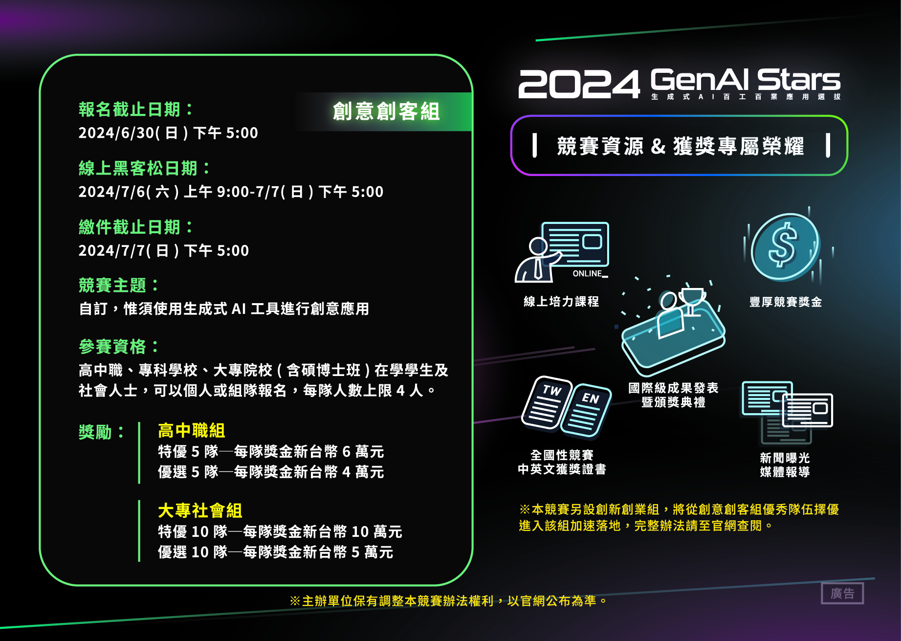 國立臺灣大學「教育部跨領域教師發展暨人才培育計畫」與「2024GenAi Stars生成式AI百工百業應用選拔」合作，將於113年5-6月於北、中、南部辦理培力工作坊圖片